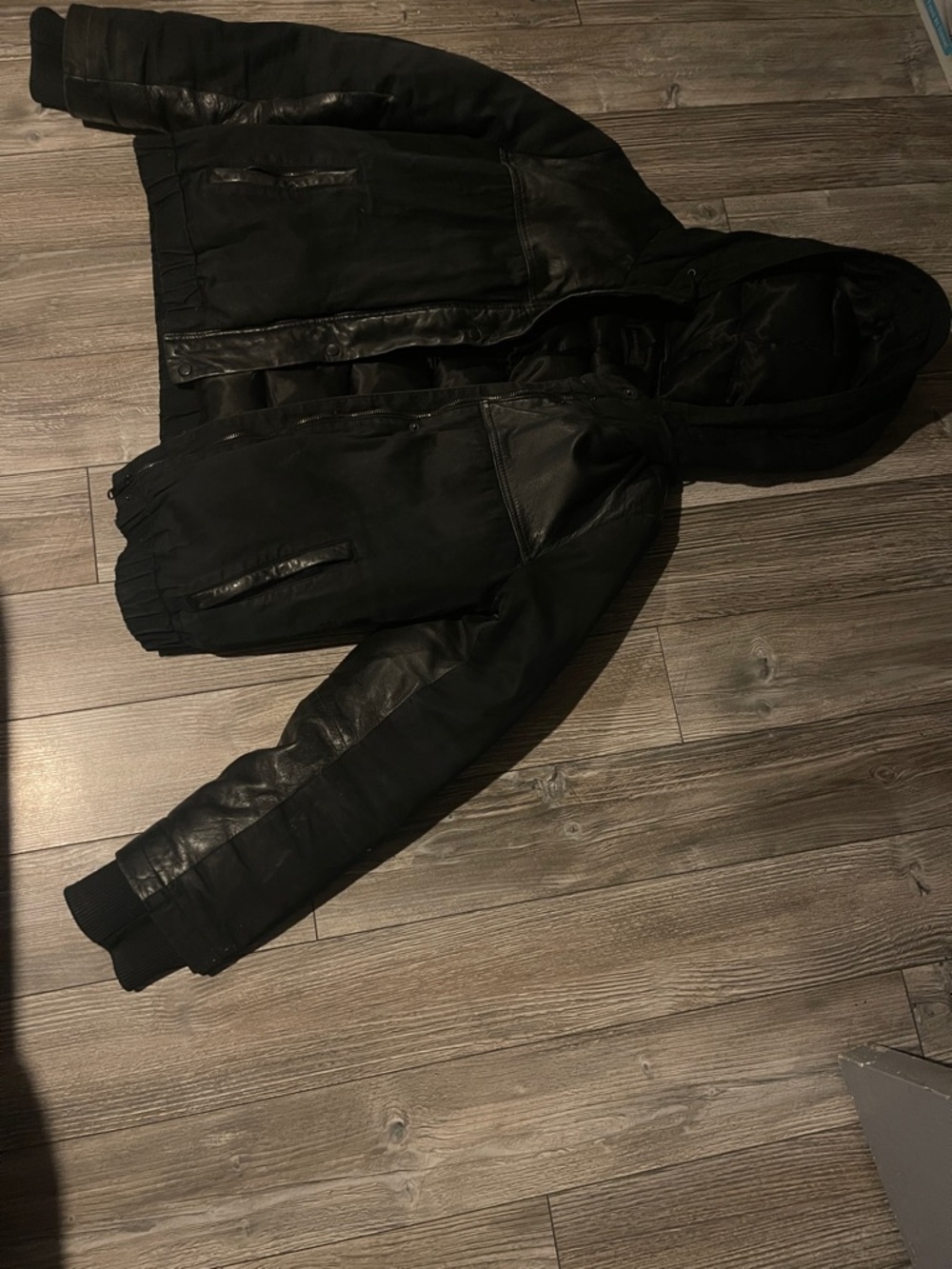 Danier down filled with genuine Black Hooded Jacket with Leather Trim